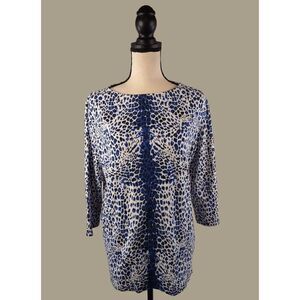 DG2 by Diane Gilman Blue and White Animal Print Cotton Blend Top Size XL